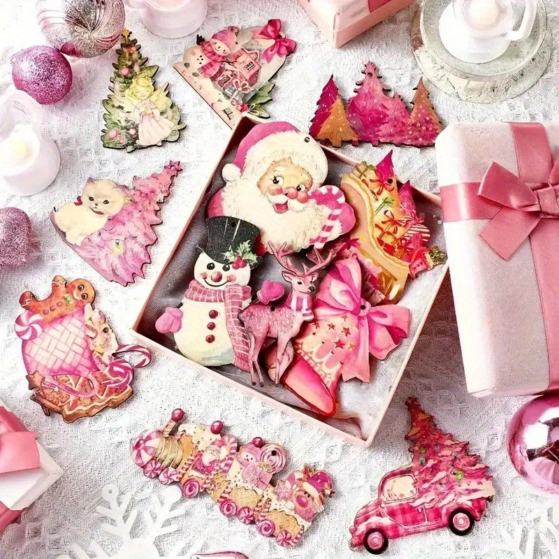 Pink Christmas Wooden Ornaments with Ropes, Christmas Santa, Evergreens, Reindeer, Gingerbread Man, Bells Hanging Pendant, Ideal Wooden Decorations for Home Party & New Year Themed