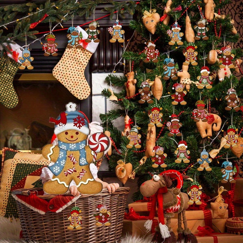 Gingerbread Man Christmas Ornaments Set- Cute Wooden Holiday Tree Decorations, Perfect for Family & Friends Party, Room and Kitchen Festive Hanging Decor
