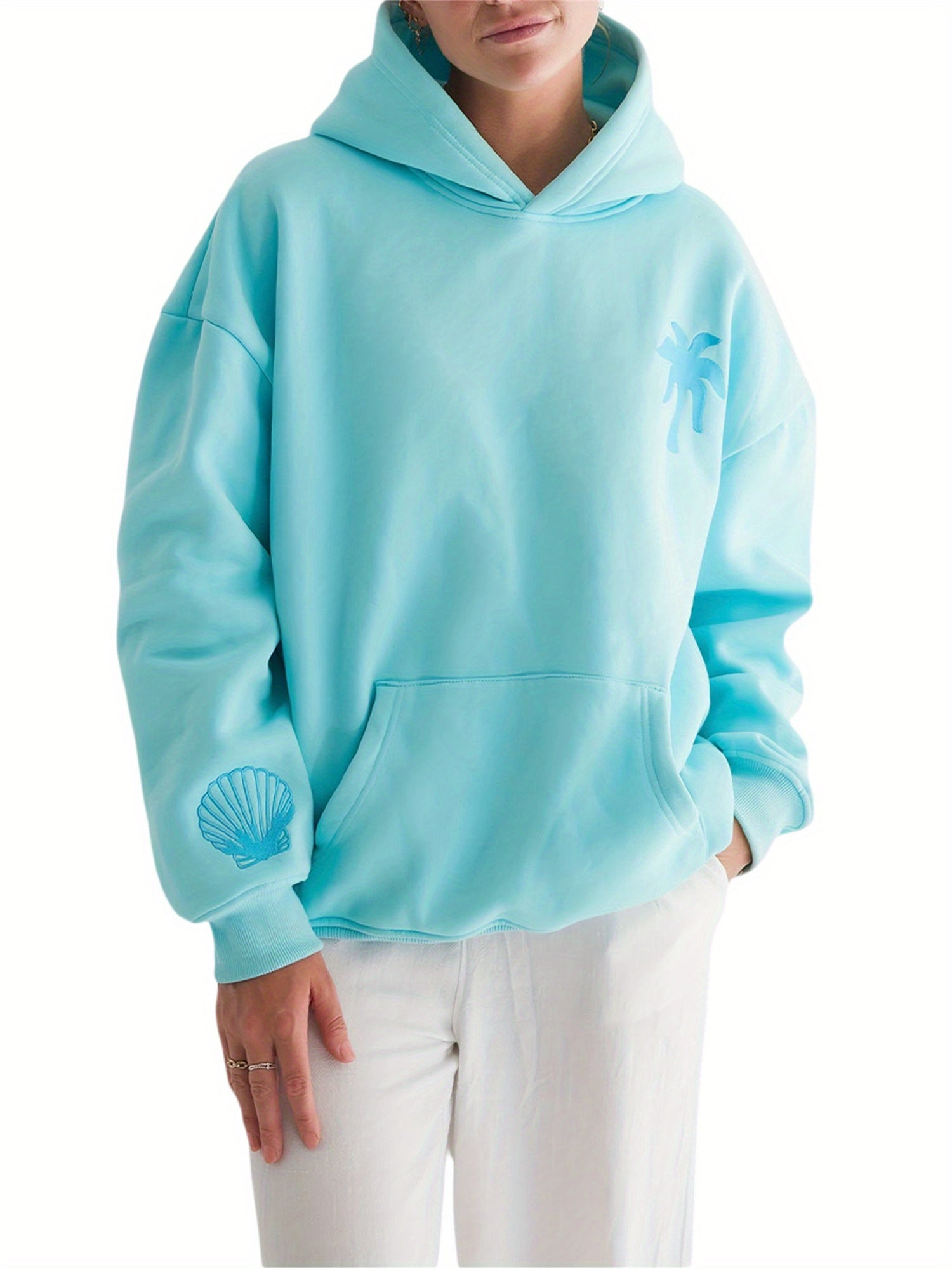 Womens Beach Hoodies Long Sleeve Flower Embroidery Oversized Sweatshirts Streetwear Tops