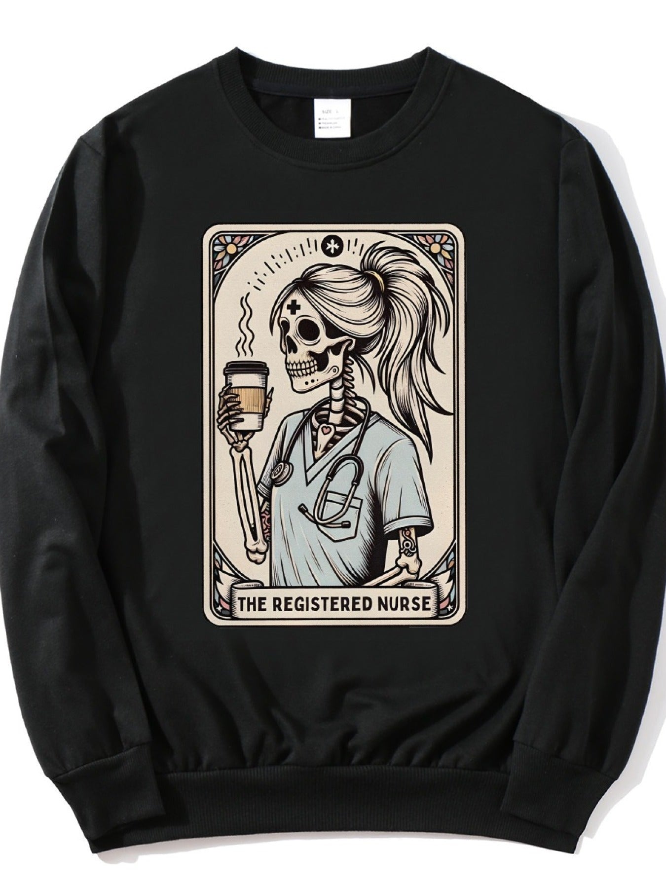 Registered Nurse Tarot Card, Fall RN, Funny Gift for Registered Nurse, Skeleton Nurse Cozy Crew Neck Graphic Print Pullover Sweater - Soft Polyester Fabric, Casual Long Sleeve Fall and Winter Essential - Oversize