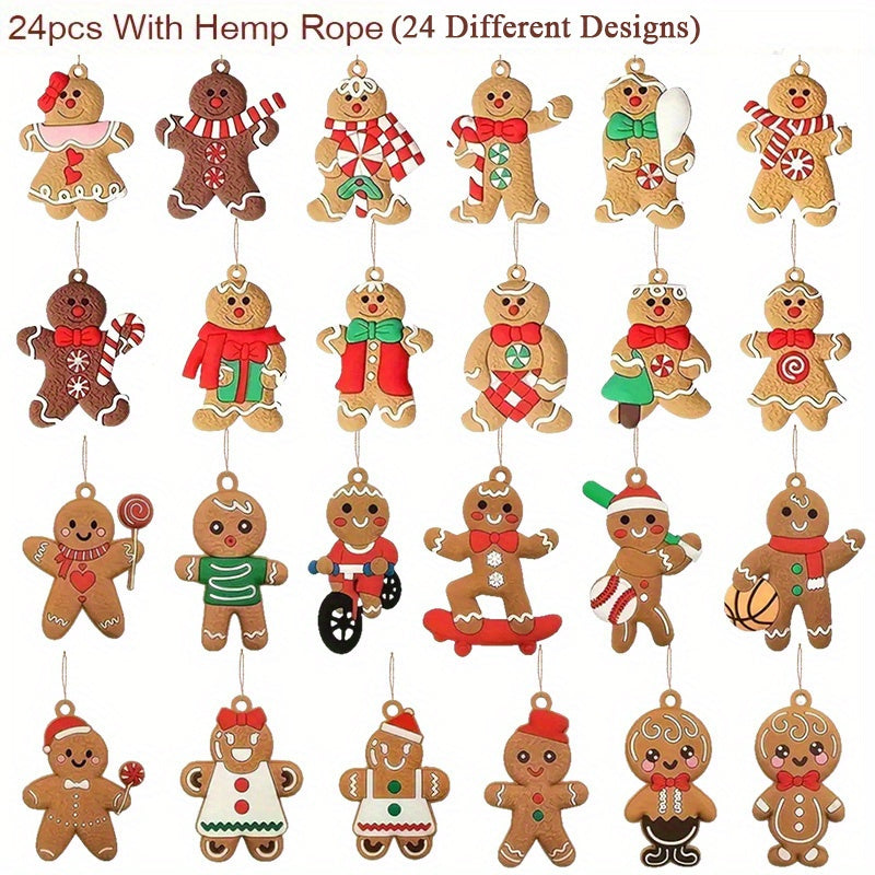 24 Piece With Hemp Rope Gingerbread Man Wooden Christmas Ornaments - Garden Style Hanging Decorations for Xmas Tree, New Year & Holiday Season Finials - Handcrafted Wood Pendants For Home, Yard & Room Decor