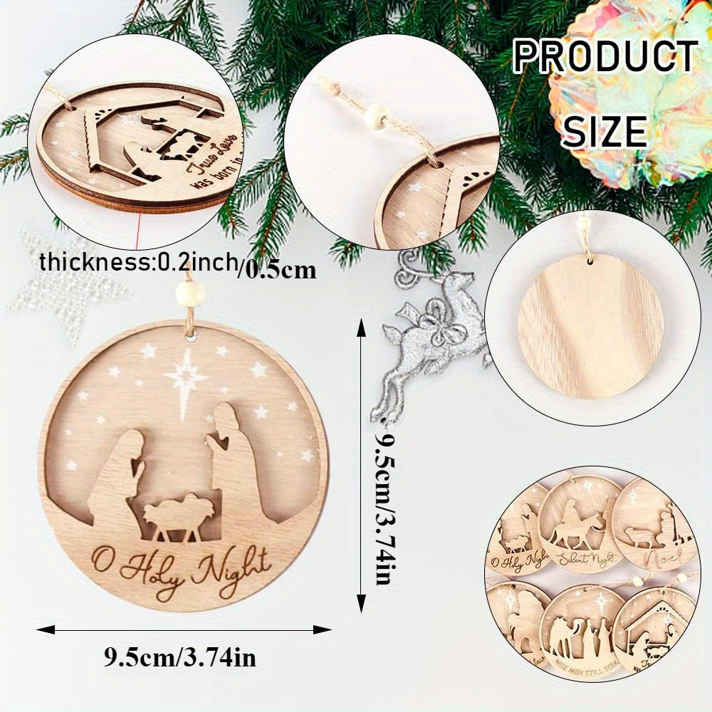3D Wooden Classic Nativity Scene, Birth of Jesus Decoration, Round Shaped Hanging Ornament Keepsake for Home Room Christmas Decor and Gifts