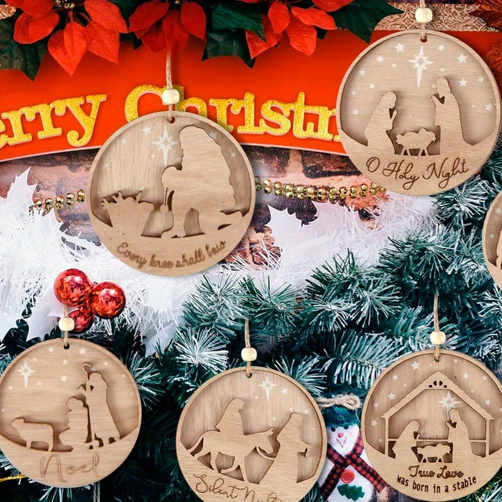 3D Wooden Classic Nativity Scene, Birth of Jesus Decoration, Round Shaped Hanging Ornament Keepsake for Home Room Christmas Decor and Gifts