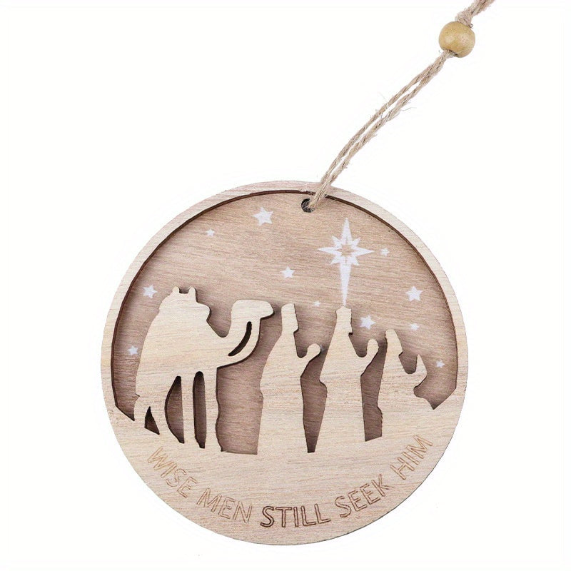 3D Wooden Classic Nativity Scene, Birth of Jesus Decoration, Round Shaped Hanging Ornament Keepsake for Home Room Christmas Decor and Gifts