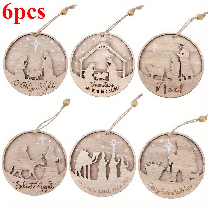 3D Wooden Classic Nativity Scene, Birth of Jesus Decoration, Round Shaped Hanging Ornament Keepsake for Home Room Christmas Decor and Gifts