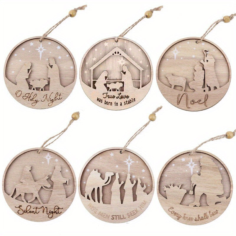3D Wooden Classic Nativity Scene, Birth of Jesus Decoration, Round Shaped Hanging Ornament Keepsake for Home Room Christmas Decor and Gifts