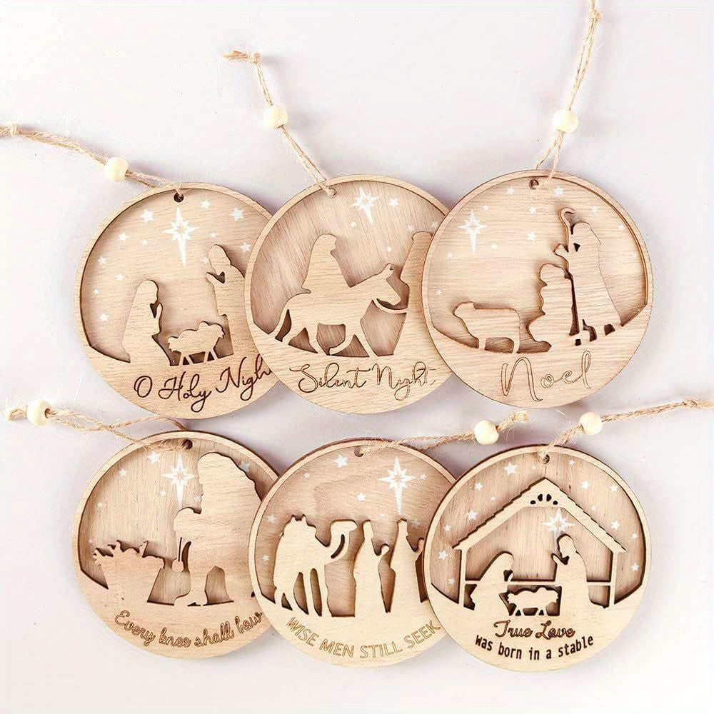 3D Wooden Classic Nativity Scene, Birth of Jesus Decoration, Round Shaped Hanging Ornament Keepsake for Home Room Christmas Decor and Gifts