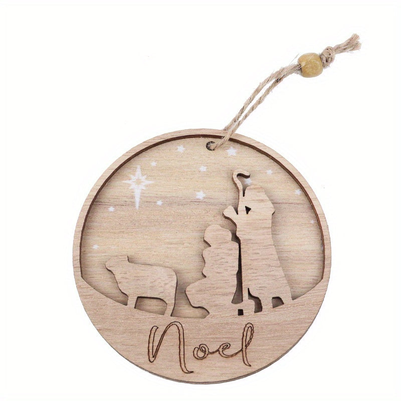 3D Wooden Classic Nativity Scene, Birth of Jesus Decoration, Round Shaped Hanging Ornament Keepsake for Home Room Christmas Decor and Gifts
