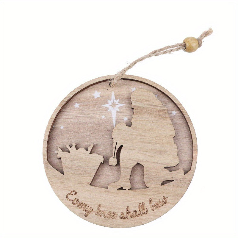 3D Wooden Classic Nativity Scene, Birth of Jesus Decoration, Round Shaped Hanging Ornament Keepsake for Home Room Christmas Decor and Gifts
