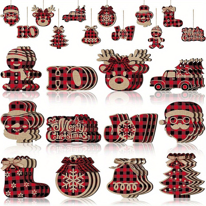 Christmas Burlap Tree Hanging Ornaments Red Black Buffalo Plaid Buffalo Check Plaid Stitching Tree Ornament Rustic Snowman Tree Ball Bell Shaped Farmhouse Xmas Ornaments for Party Holiday