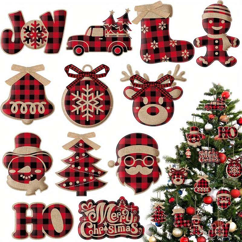 Christmas Burlap Tree Hanging Ornaments Red Black Buffalo Plaid Buffalo Check Plaid Stitching Tree Ornament Rustic Snowman Tree Ball Bell Shaped Farmhouse Xmas Ornaments for Party Holiday