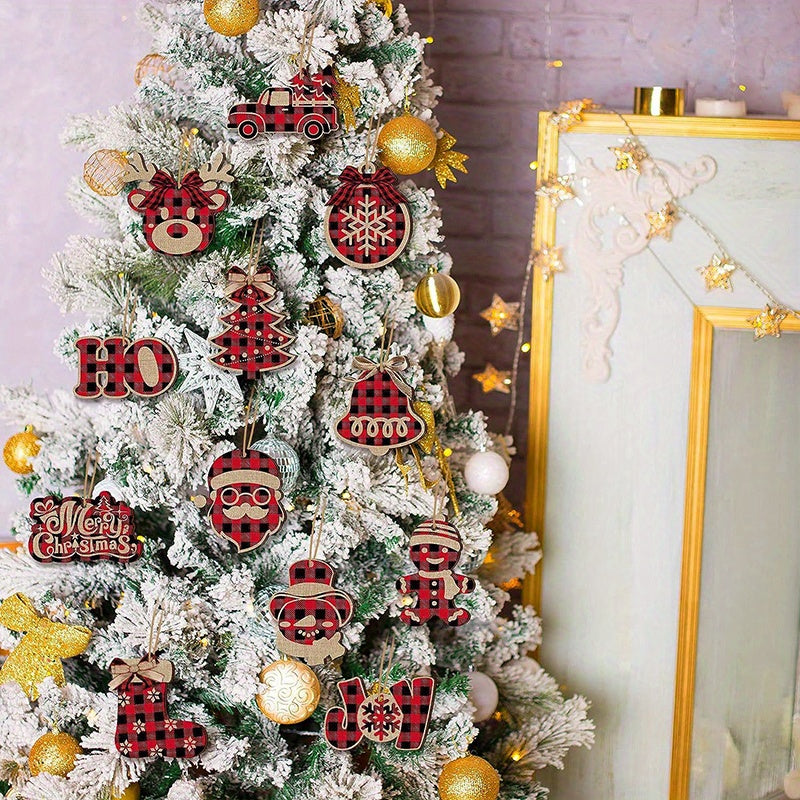 Christmas Burlap Tree Hanging Ornaments Red Black Buffalo Plaid Buffalo Check Plaid Stitching Tree Ornament Rustic Snowman Tree Ball Bell Shaped Farmhouse Xmas Ornaments for Party Holiday