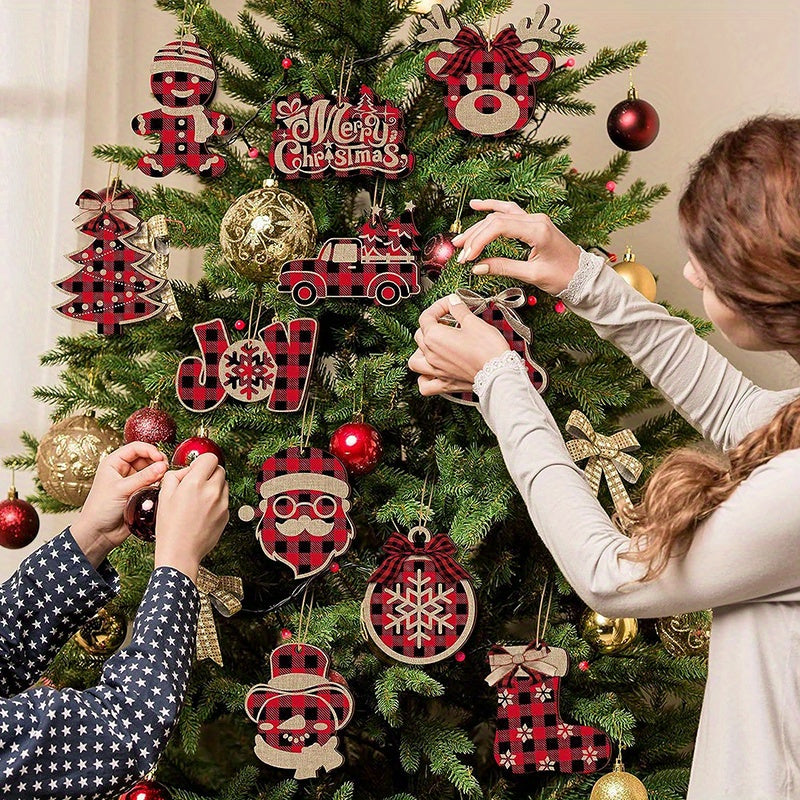 Christmas Burlap Tree Hanging Ornaments Red Black Buffalo Plaid Buffalo Check Plaid Stitching Tree Ornament Rustic Snowman Tree Ball Bell Shaped Farmhouse Xmas Ornaments for Party Holiday