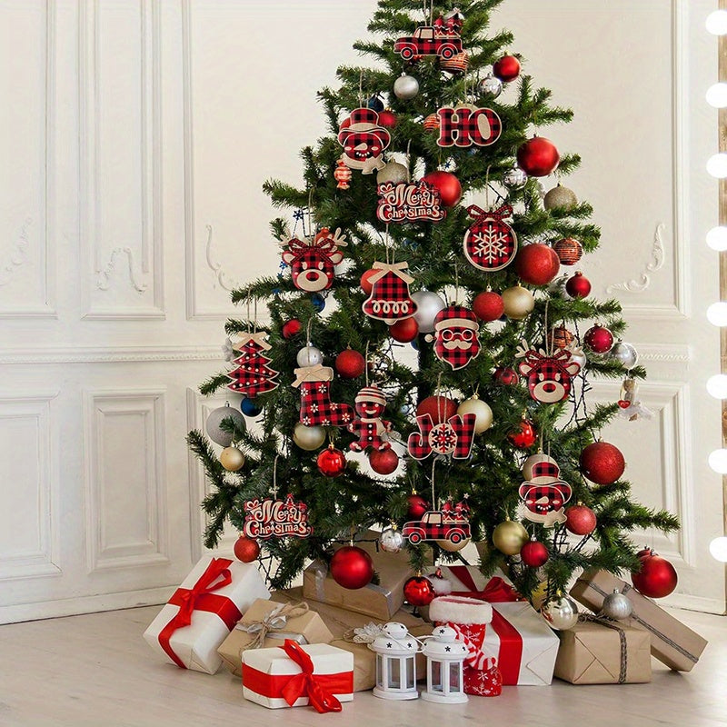 Christmas Burlap Tree Hanging Ornaments Red Black Buffalo Plaid Buffalo Check Plaid Stitching Tree Ornament Rustic Snowman Tree Ball Bell Shaped Farmhouse Xmas Ornaments for Party Holiday