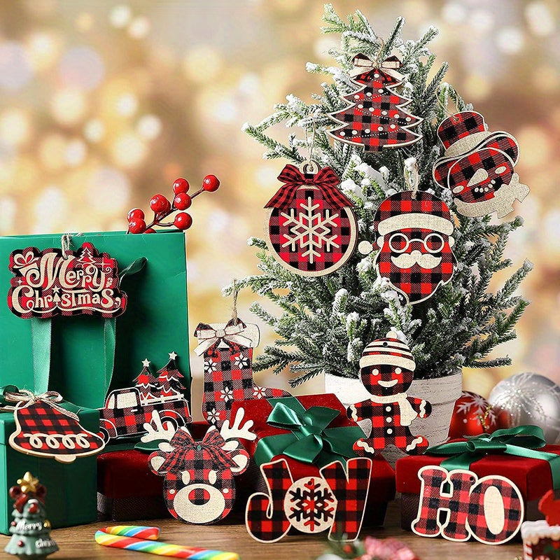 Christmas Buffalo Plaid Hanging Ornaments Christmas Tree Wooden Hanging Decor Wooden Christmas Ornaments Snowflake Reindeer Snowman Plaid Christmas Decor, 12 Styles (Black Red)