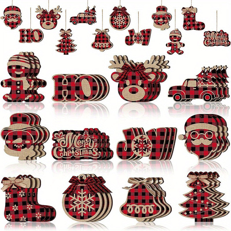 Christmas Buffalo Plaid Hanging Ornaments Christmas Tree Wooden Hanging Decor Wooden Christmas Ornaments Snowflake Reindeer Snowman Plaid Christmas Decor, 12 Styles (Black Red)