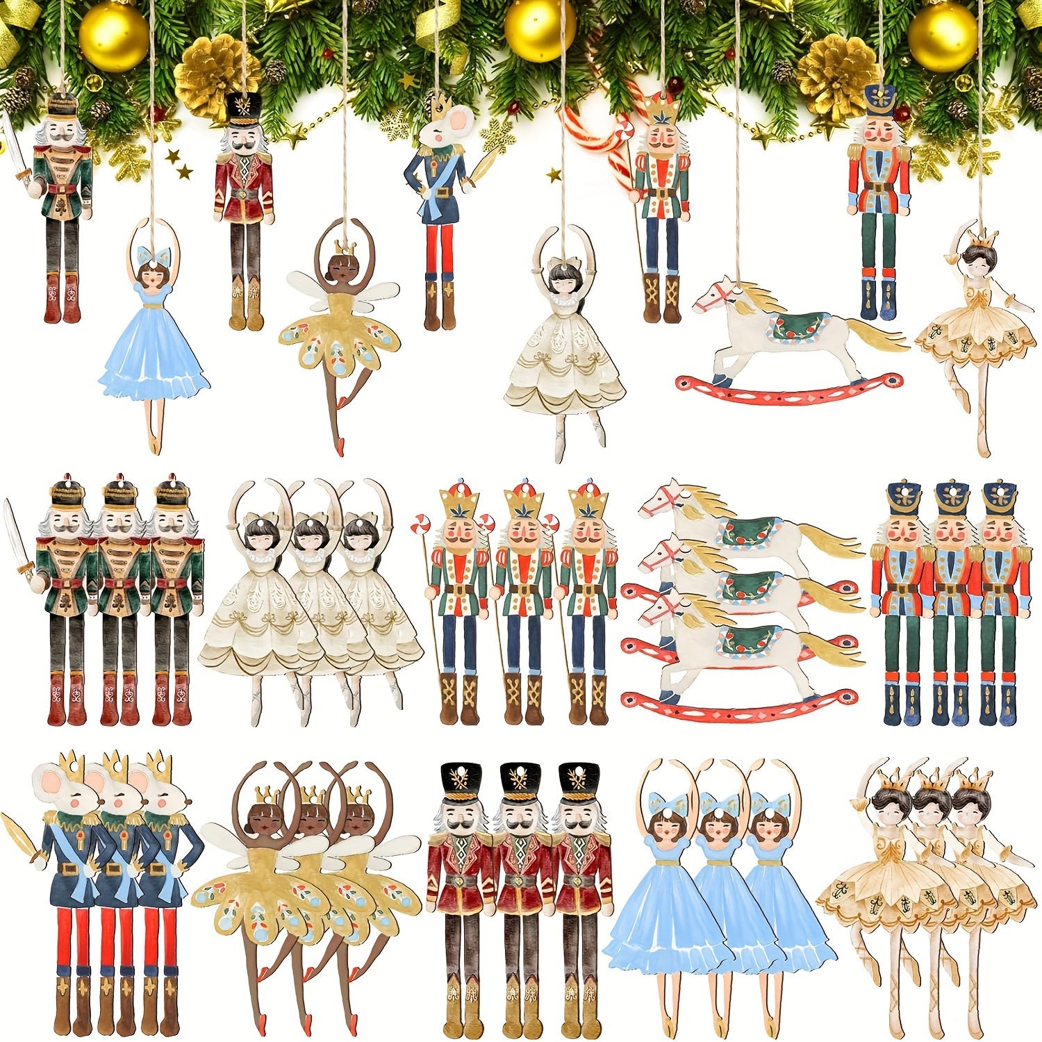 Quickly Arrive A Set of 30 Antique Wooden Nutcracker Ornaments Christmas Tree Hanging Ornaments, Including Princess, Ballerina, Mouse, King, Soldier Characters, Holiday Party Gifts, Retro Style