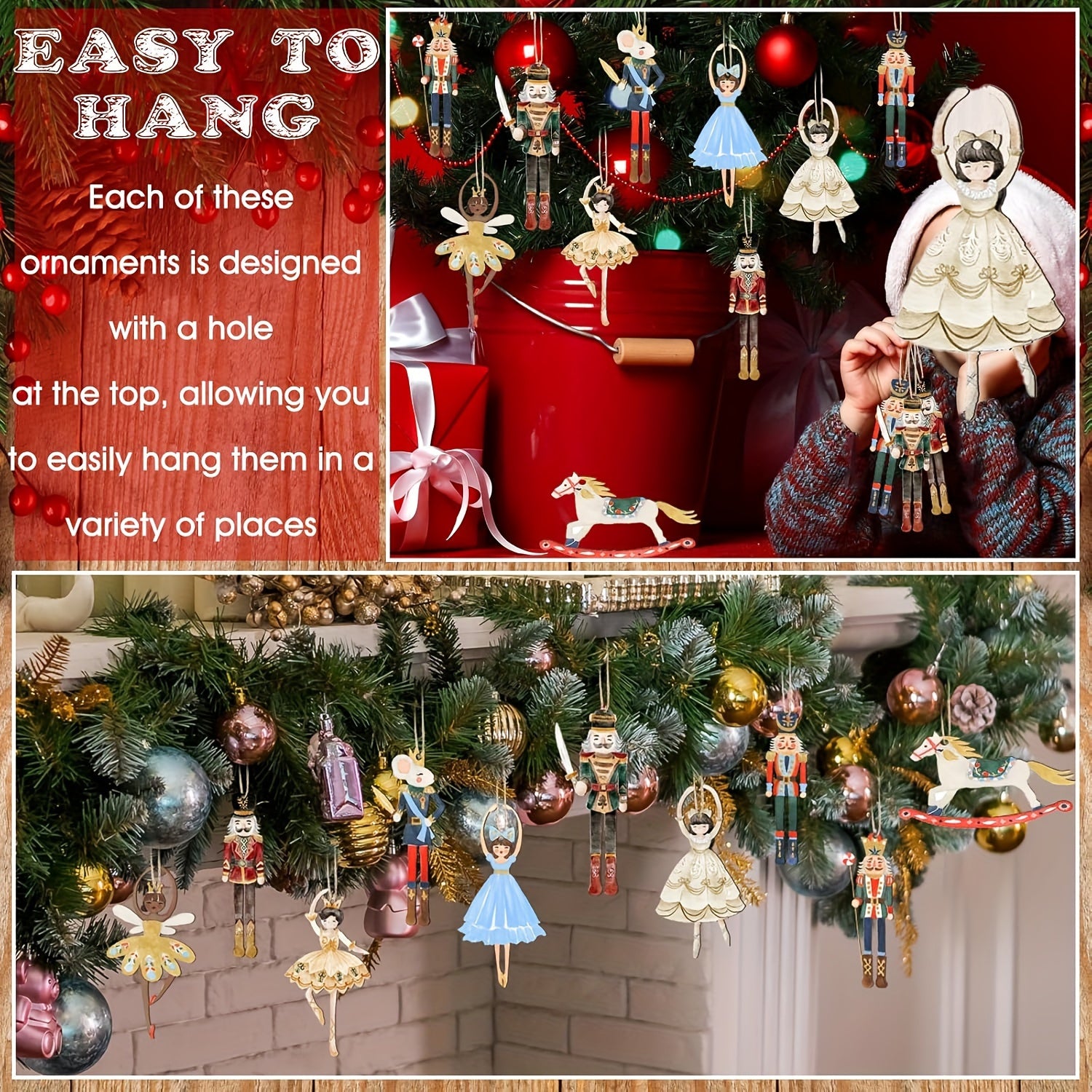 Quickly Arrive A Set of 30 Antique Wooden Nutcracker Ornaments Christmas Tree Hanging Ornaments, Including Princess, Ballerina, Mouse, King, Soldier Characters, Holiday Party Gifts, Retro Style