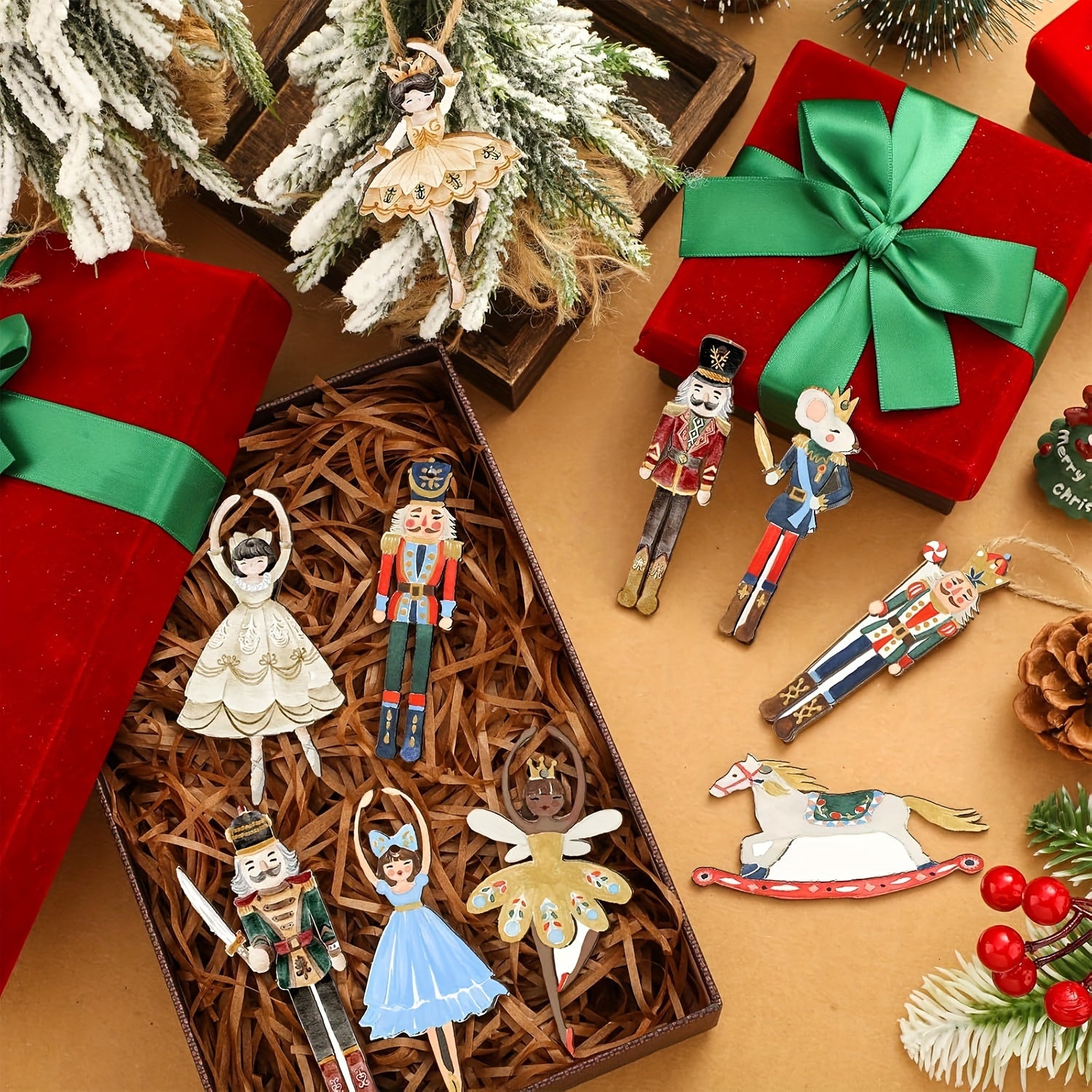 Quickly Arrive A Set of 30 Antique Wooden Nutcracker Ornaments Christmas Tree Hanging Ornaments, Including Princess, Ballerina, Mouse, King, Soldier Characters, Holiday Party Gifts, Retro Style