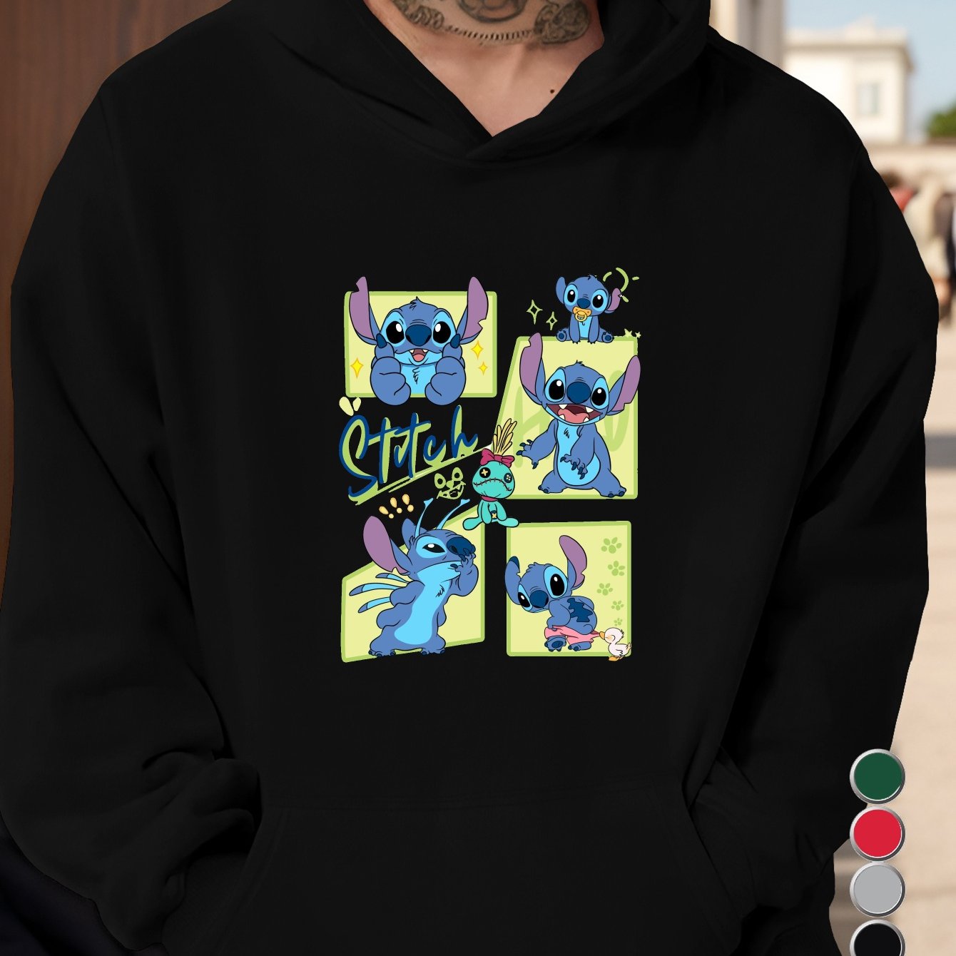 Men'S Stitch Cartoon Character Hoodie - Gray Casual Pullover with Front Pocket, Loose Fit, Long Sleeve, Non-Stretch Fabric for Fall/Winter, Cute Hoodies