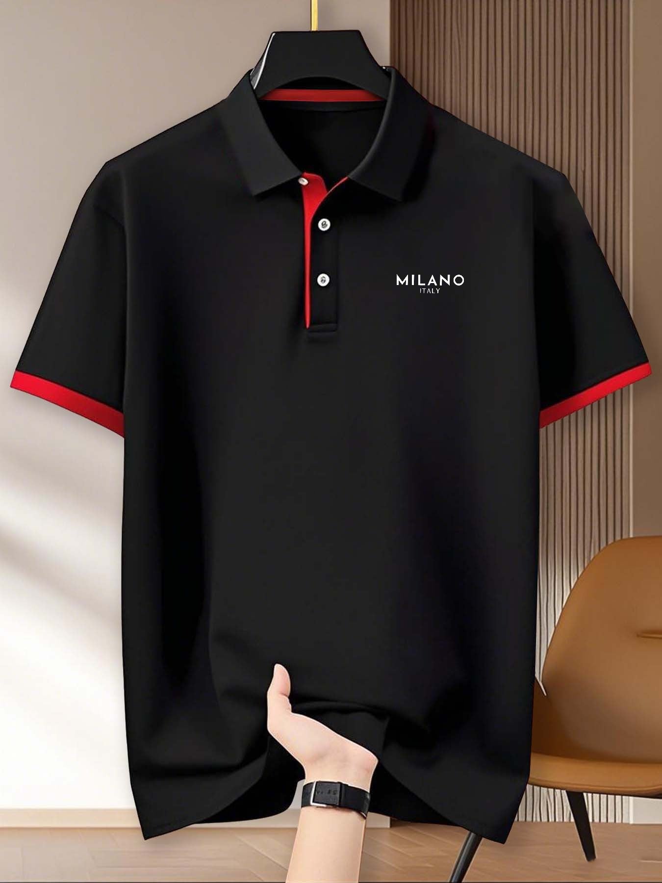 (230g) with MILANO letter print, Men's fashionable short-sleeve shirt for summer daily wear, suitable for fitness, running, and training, Men's short-sleeve golf shirt, business casual, can be used as a gift