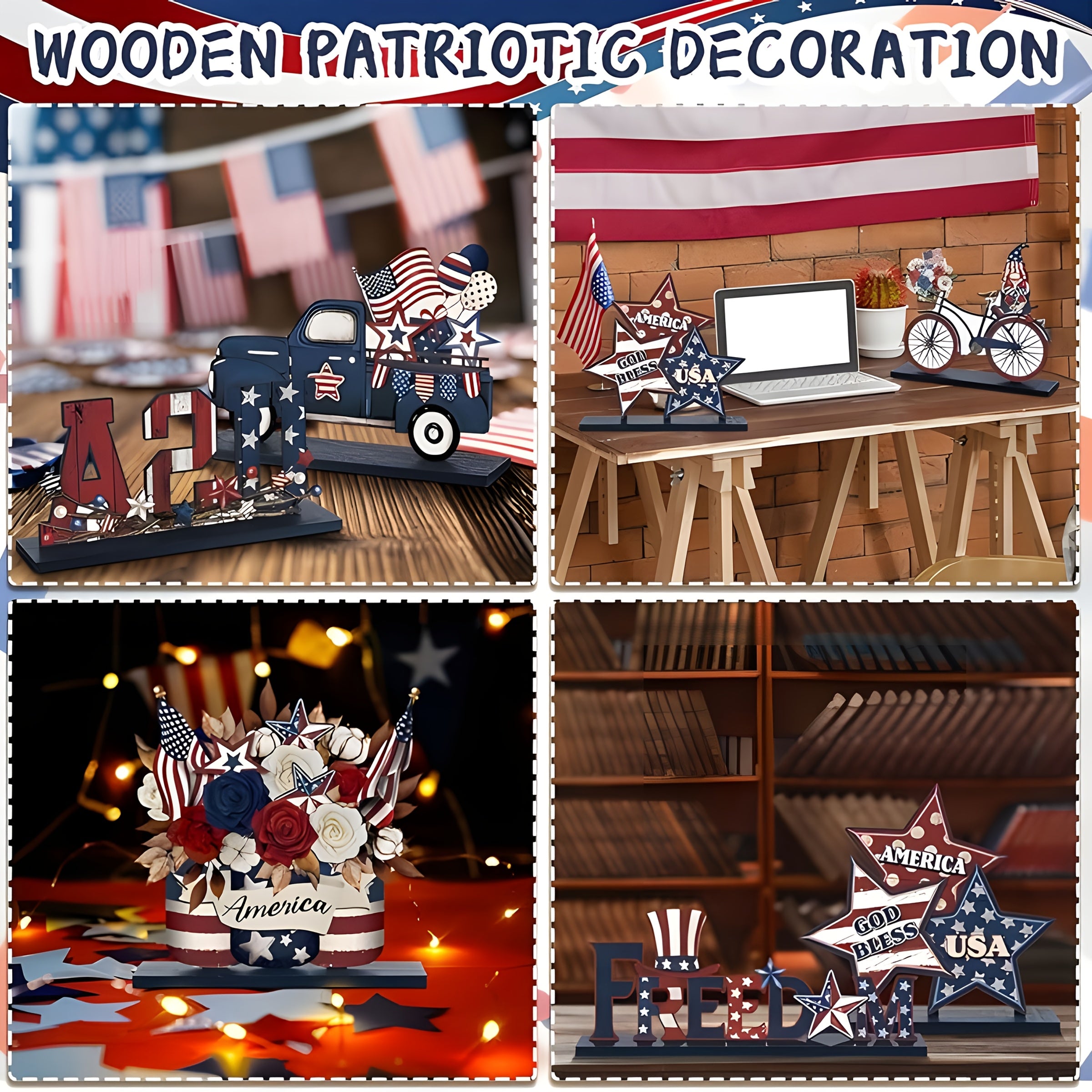 2D Flat Collectible Vehicles 6pcs Patriotic Wooden Tabletop Decorations, American Flag-Themed 2D Flat Wood Crafts, Non-Electric, Battery-Free, for Home, Kitchen, Bookshelf, Dining Table Display, Farmhouse Decor, 2D Flat