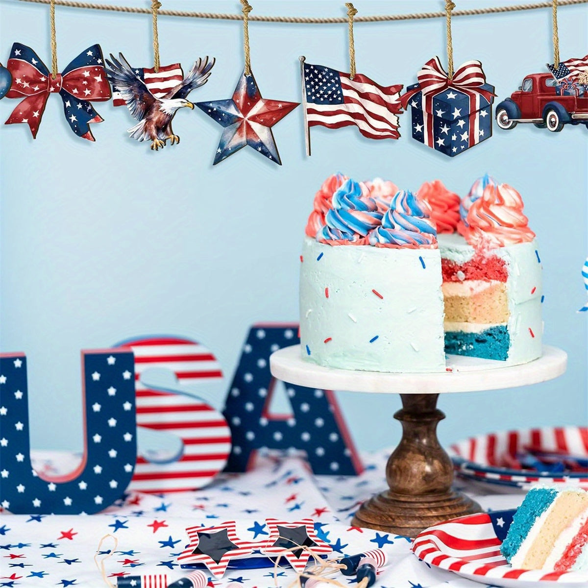 Patriotic Wooden Hanging Ornaments - Red, White & Blue American Flag Decorations for 4th of July, Memorial Day, and Independence Day Celebrations