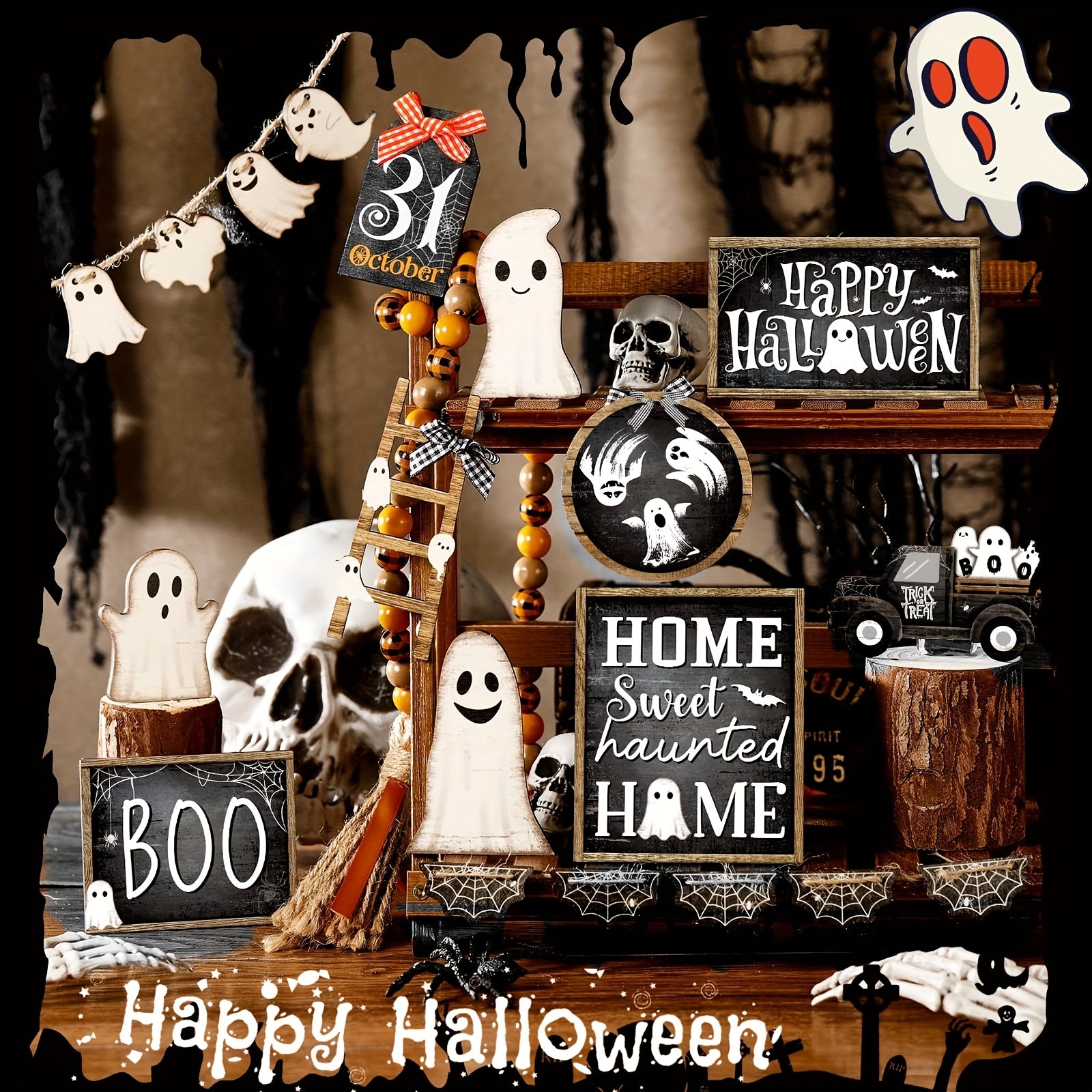 Halloween Tiered Tray Decor Set of 21pcs - Rustic Wooden Sign for Table Centerpiece, Farmhouse Kitchen, Party Shelf Display - Spooky Indoor Home Decorations - Event Setup for Holiday, Summer Gathering, Independence Day Party