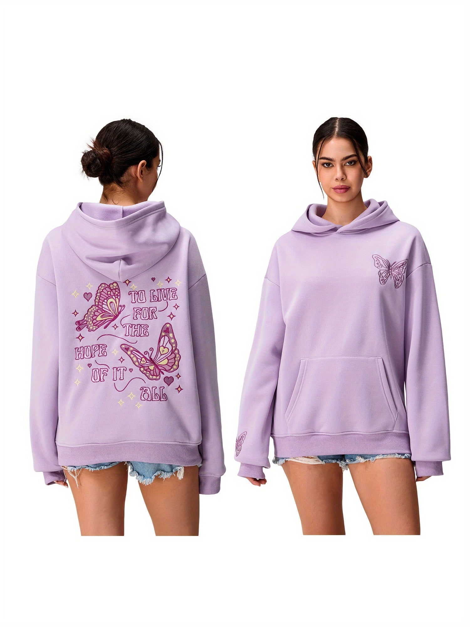 Women'S Spring Autumn Hooded Sweatshirt Long Sleeve Letter Butterfly Embroidery Hoodie
