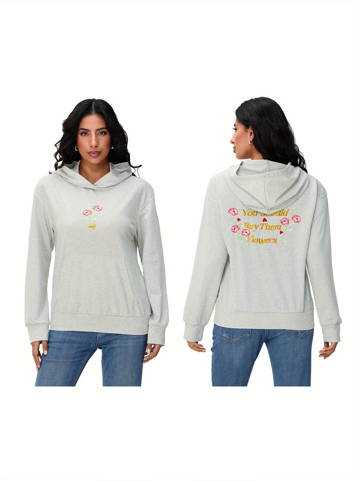 Womens Fashion Hoodies Long Sleeve Floral Letter Embroidery Loose Sweatshirts Streetwear Tops