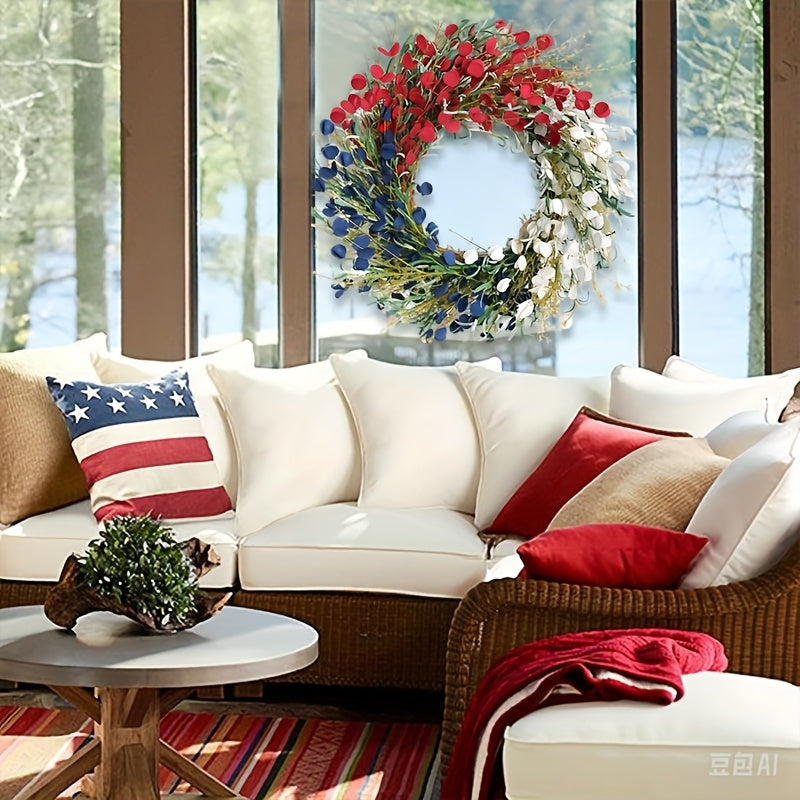 22-inch American Flag Wreath, Patriotic Decor Wreath, Red White And Blue Artificial Floral Stems Wreath. Perfect for 4th Of July Independence Day, Memorial Day, And Flag Day Decorations. This Handcrafted Memorial Day Home Dec