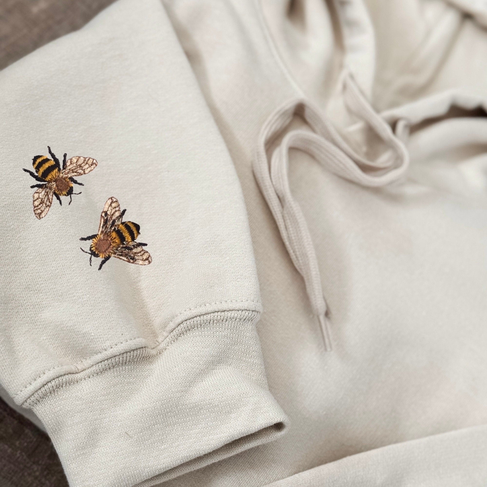 Embroidered Bee Hoodie, Minimalist Mini Honey Bee Sleeve Embroidered Sweatshirt, Nature Lover Gift, Wildlife Bee Hoodie, Cottagecore Shirt