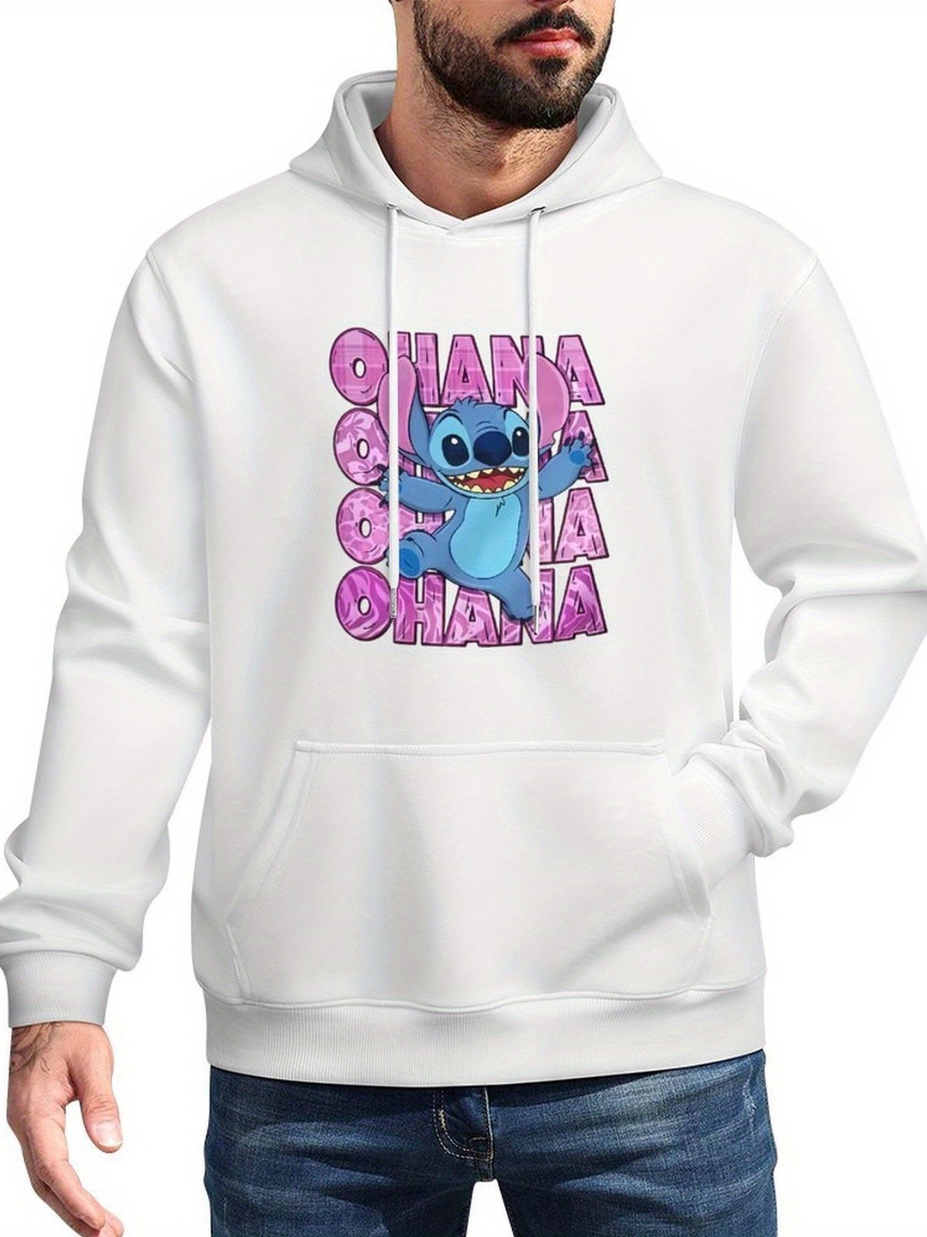 Disney Men'S Black Retro Pullover Hoodie with Stitch Ohana Disney Friends Digital Print, Soft Regular Fit Casual Sweatshirt, Machine Washable, Disney Sweatshirt
