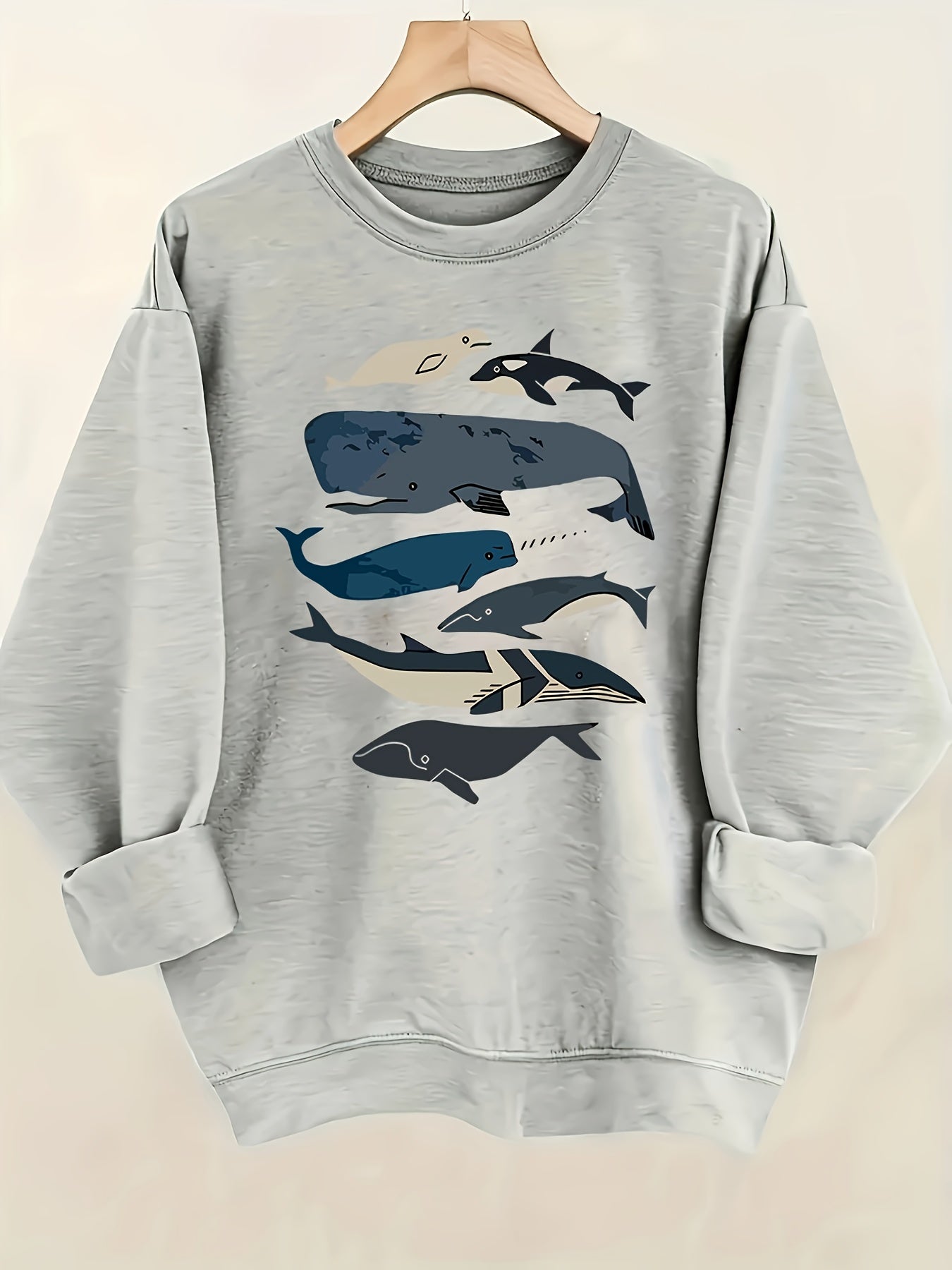 Women's Casual Whale Print Crew Neck Sweatshirt - Black with Blue & White Whale Design, Long Sleeve, Machine Washable, All-Season Comfort