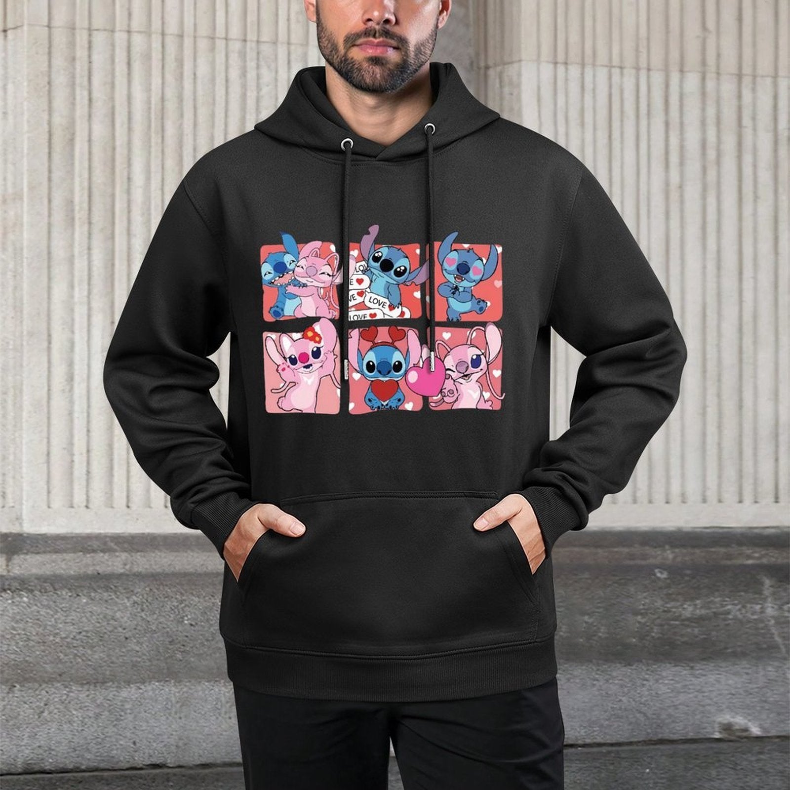 Disney Men's Black Retro Pullover Hoodie with Stitch & Angel Valentine's Digital Print, Soft Regular Fit Casual Sweatshirt, Machine Washable, Front Pocket, Disney Friends Graphic Design, Disney Hoodie, Durable Comfort Wear