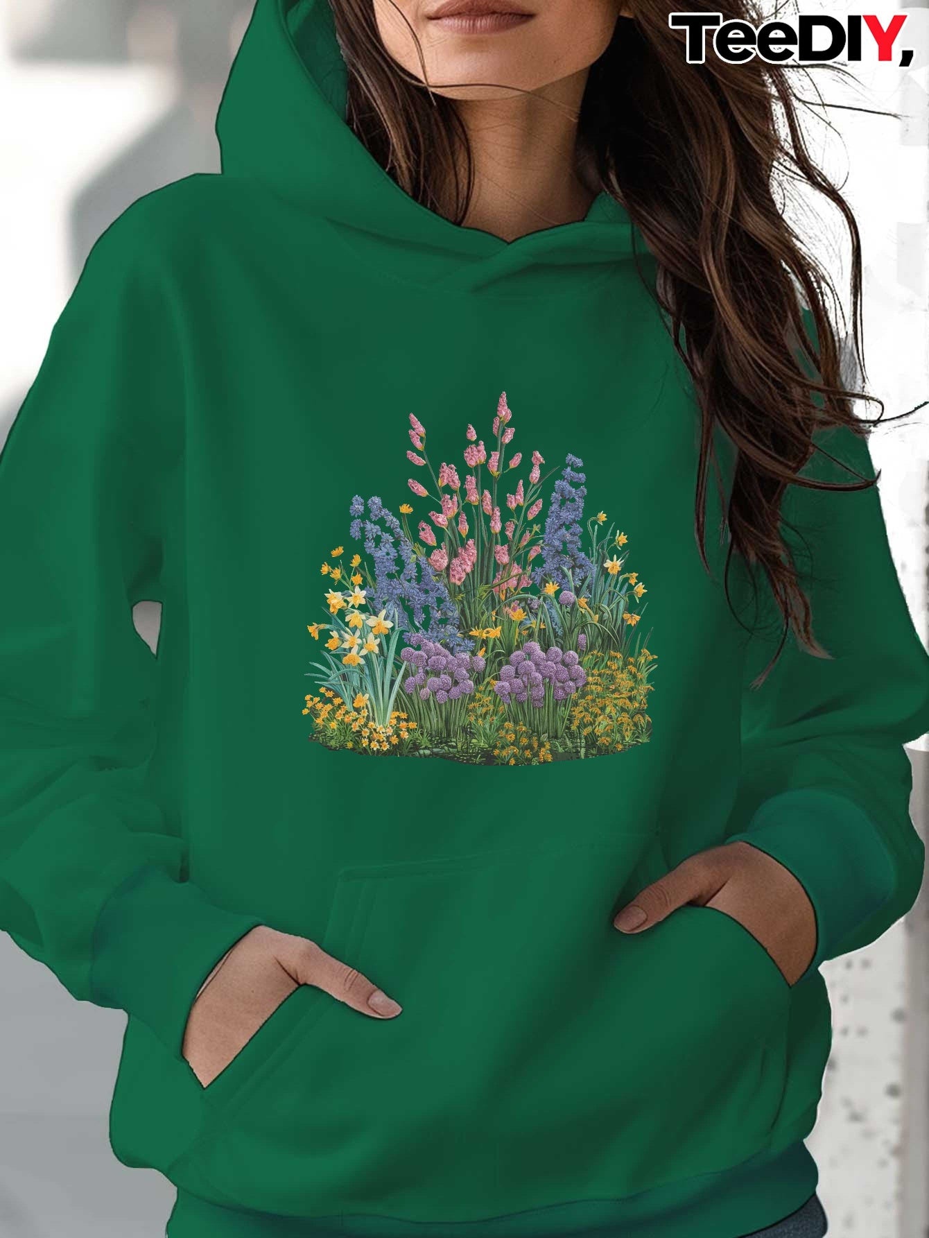 teediy Women's Hoodie with Embroidered Miniature Garden Floral Design, 100% Polyester, Front Pockets, Regular Fit Long Sleeve Casual Pullover for Autumn/Winter, Machine Washable