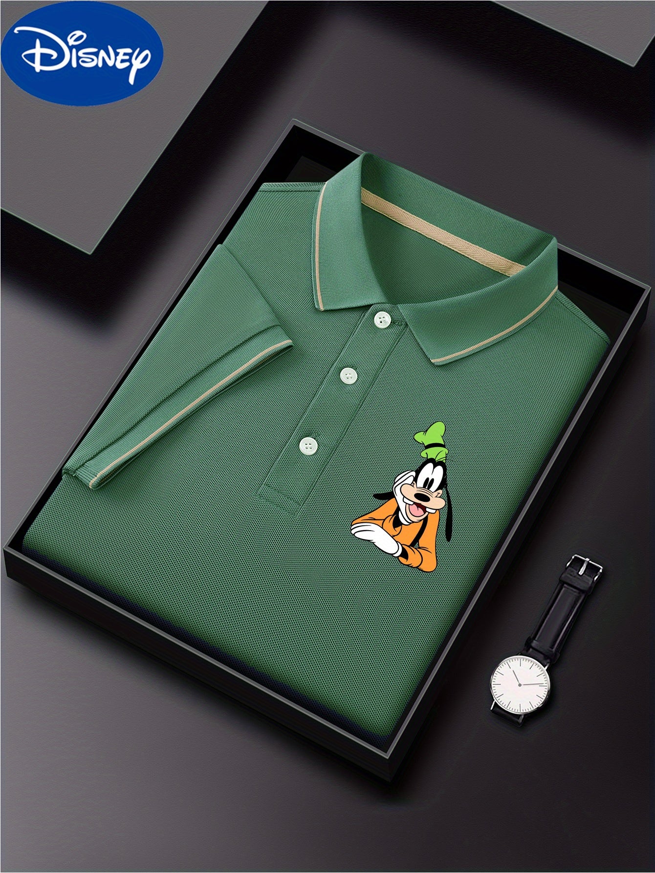 Disney Men's Classic Shirt with Goofy Dog Print - Lightweight Quick-Dry Breathable Polyester, Short Sleeve Collar, Business Casual Style, Summer Comfort, Display Gift Box - Perfect Father's Day Gift for Husband, Casual Comfor
