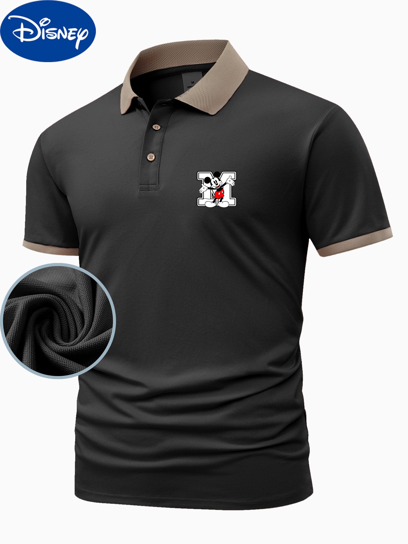 Disney Genuine Men's Series Classic Mickey Mouse M letters printed on the left chest small design summer business fashion Lightweight polyester breathable and quick drying Men's shirts suitable for outdoor sports golf wear