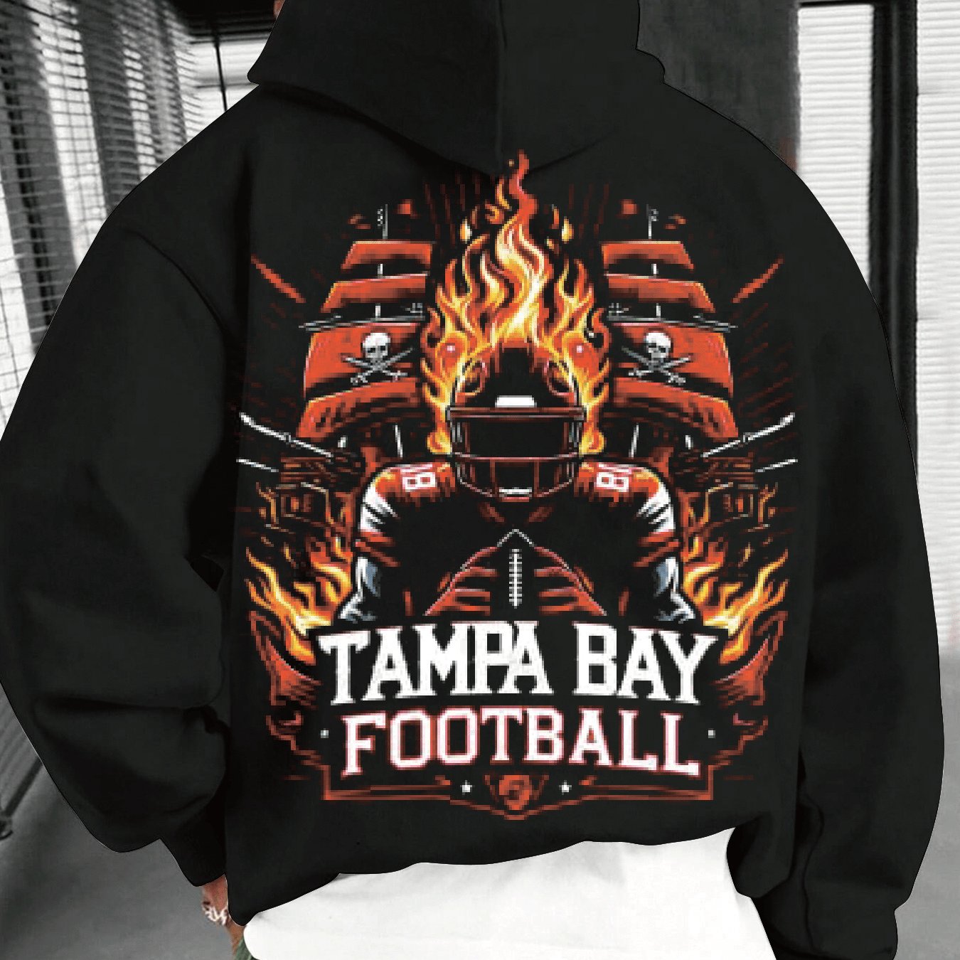 A Tampa Bay Football Pattern Hoodie, Crew Neck Sports Sweater, Regular Version Knitted Fabric, with Flame and Skull Pattern, Geometric Pattern, Slight Elasticity, Casual Style