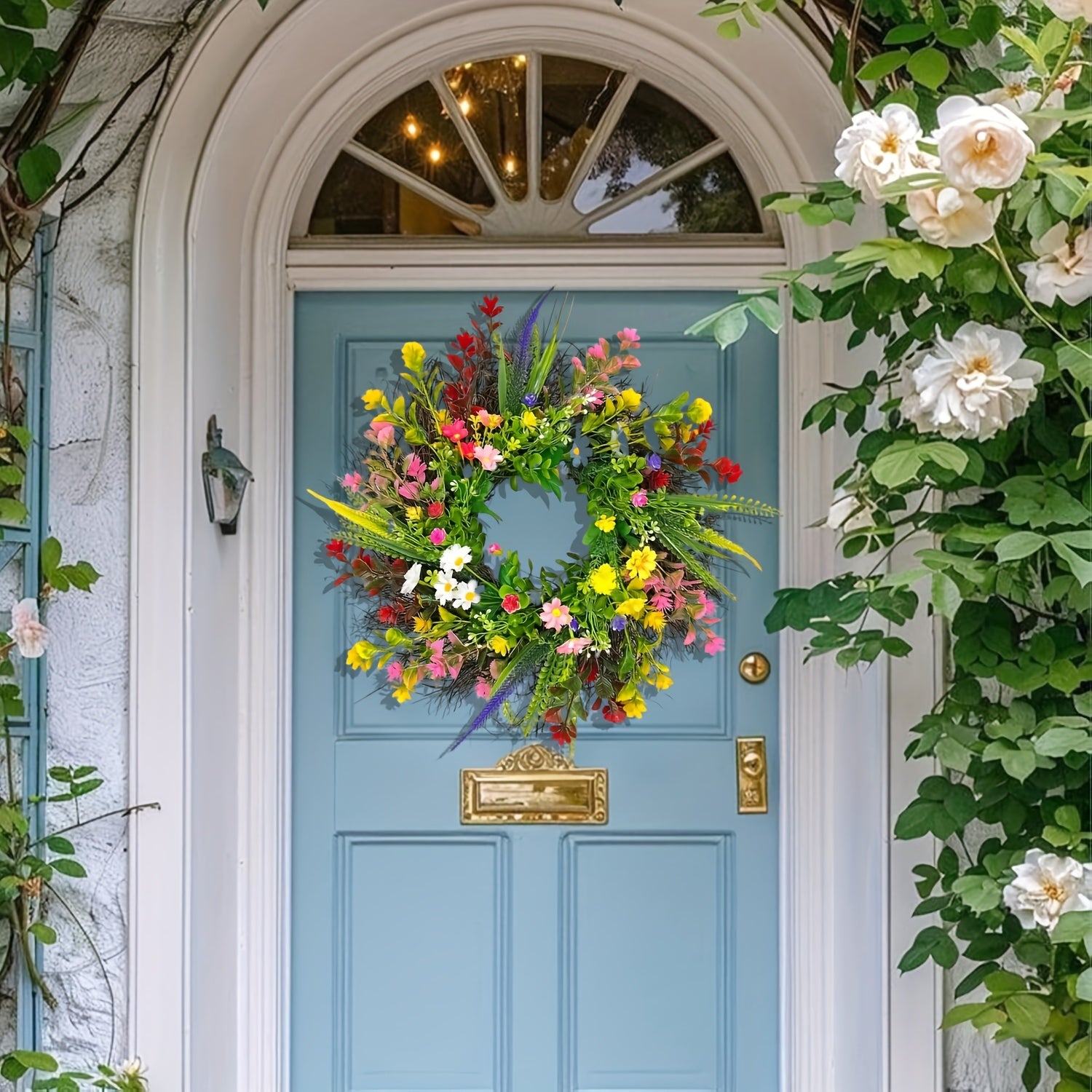 24 Inch Spring Wildflower Wreath, Texas Wildflower Wreath, Spring And Summer Wildflower Silk Wreath for Farmhouse Interior Front Door Wall Wedding Home Decor, Perfect for Thanksgiving Decorative Swags