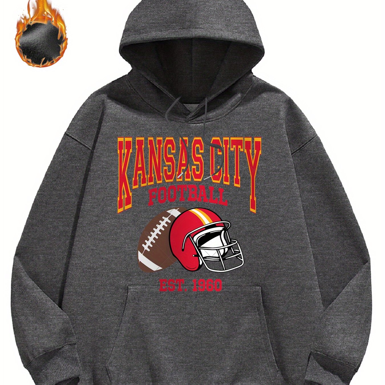 Kansas City Football Hoodie for Men – Cozy Fleece-Lined Casual Sweatshirt with Team Logo & Helmet Design, Perfect for Winter Wear & Game Day Outfits,, Gray, Fleece Lined Hoodie
