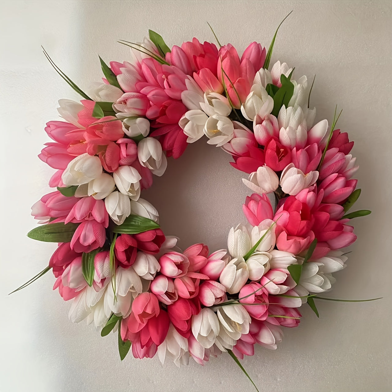 Elegant Pink & White Tulip Wreath - Lush Artificial Flower Garland for Home, Wedding & Outdoor Celebrations Decor, No Battery Required, Festive Home Decor|Sophisticated Design|Lush Tulip Wreath, Flower Garland Decoration