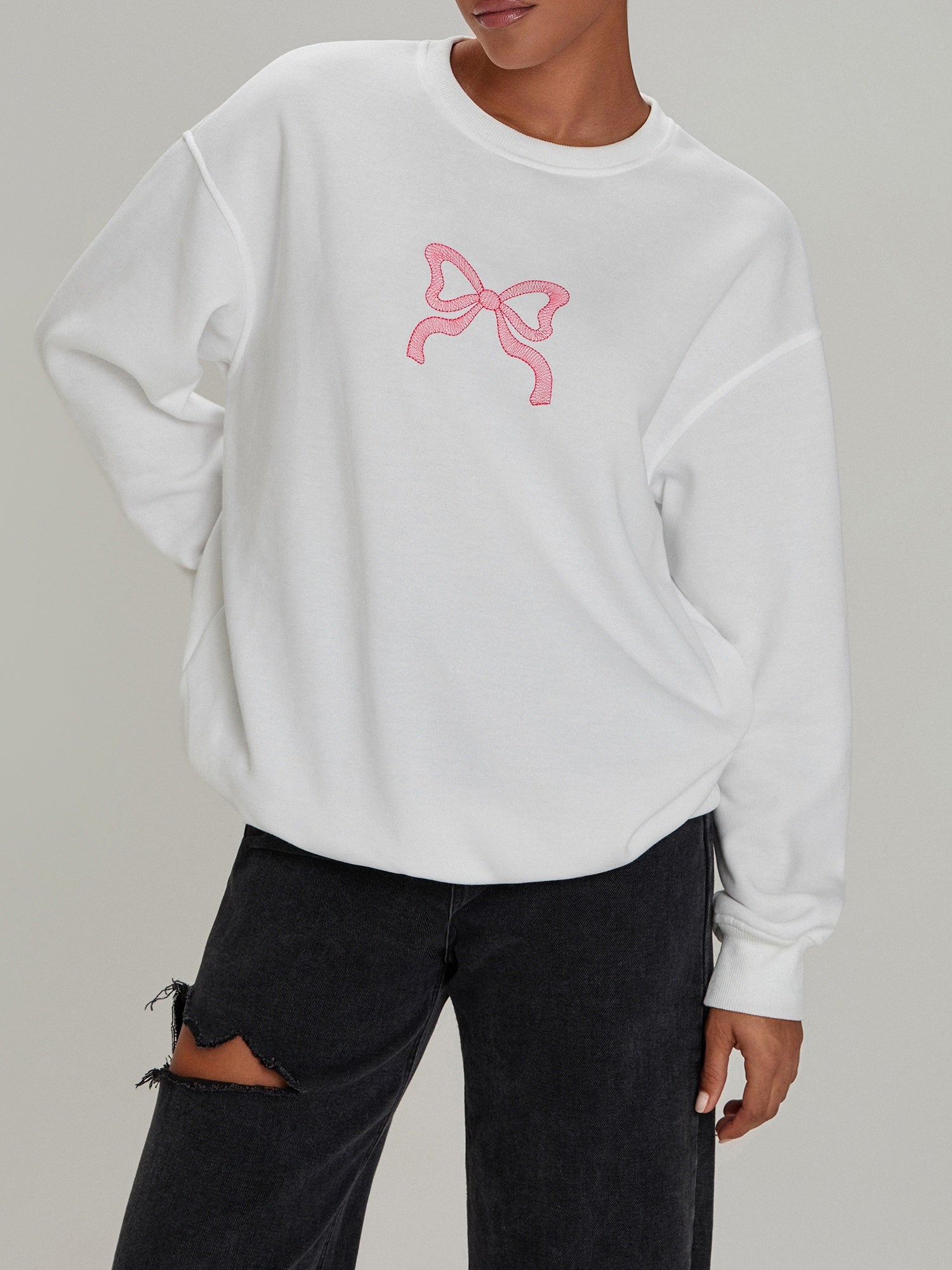 Women's Casual Loose Fit Long Sleeve Round Neck Sweatshirt - 100% Polyester Lightweight 119g/m², Solid Color with Red Bow Embroidery, Spring/Fall Pullover for Casual Attire