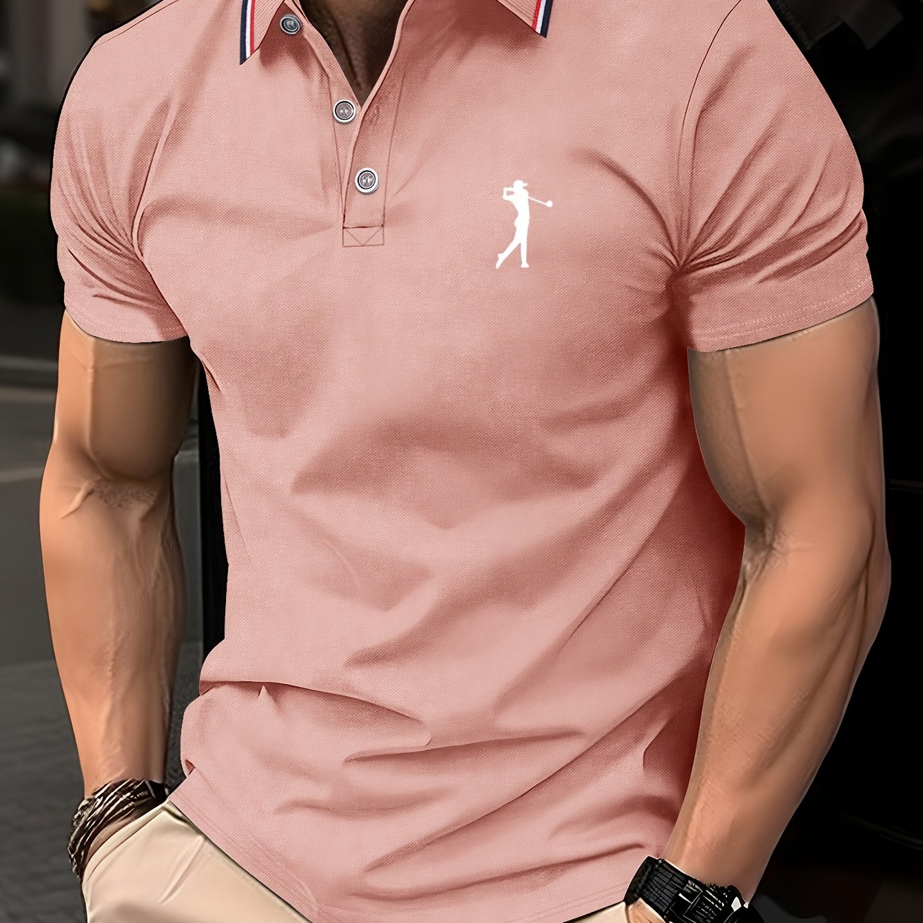 Men's Lightweight Breathable Golf Shirt - Casual Summer Short Sleeve with Collar, Orange Geometric Print, Machine Washable, Perfect for Golf and Business Casual Wear, Contrast Stripe Detailing