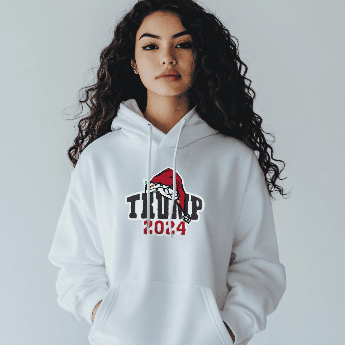 Trump 2024 Women's Embroidered Applique Hoodie - Casual & Sporty, Long Sleeve, Blend, White with Santa Hat Design, Perfect Gift Idea for Spring