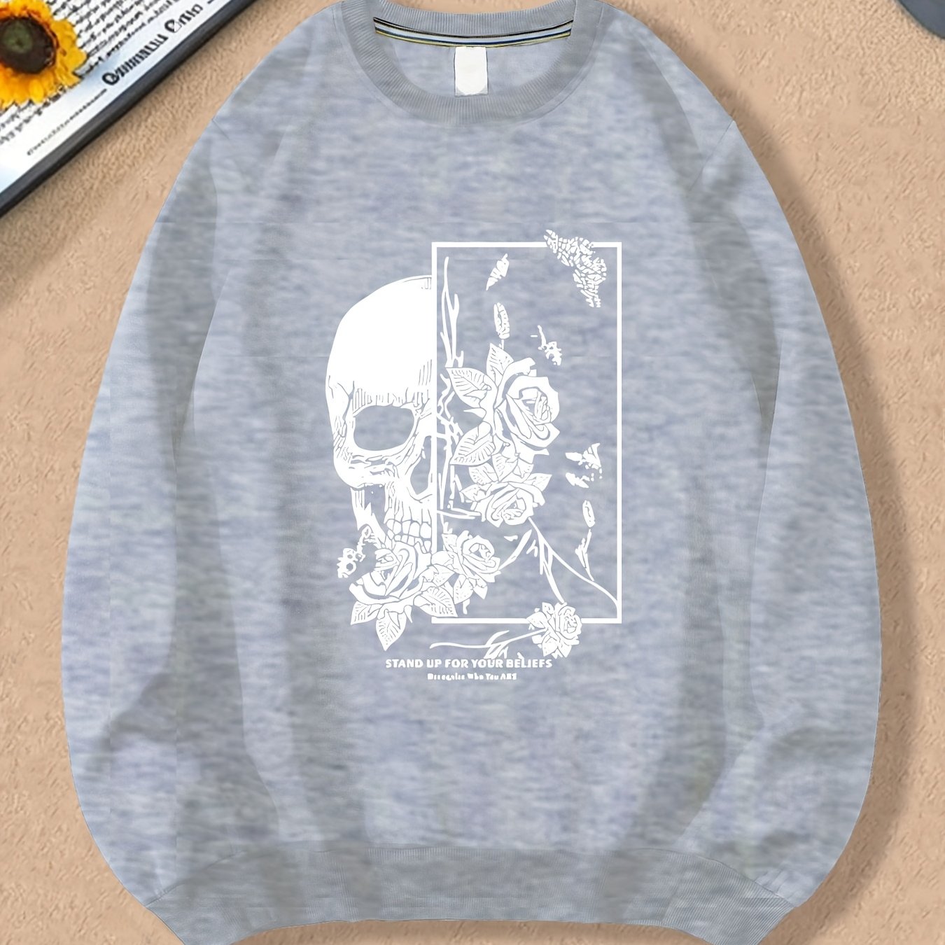 Spring And Autumn, Men'S Fashion Crew Neck Sweater, Skull Rose Letter Print Pattern, Outdoor Wear Inside And Outside With The Same Crew Neck Sweater For Men And Women