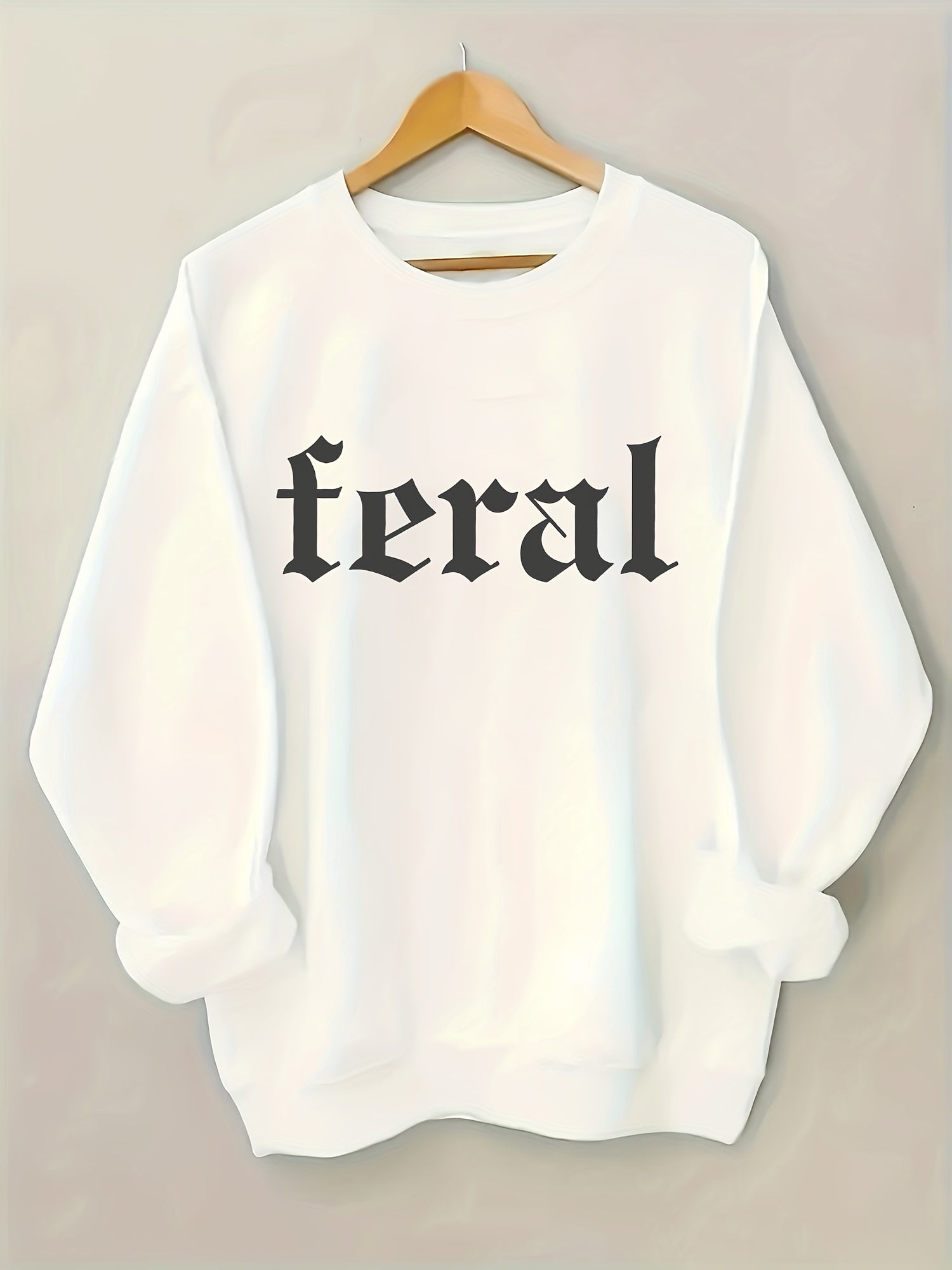 Women's Black Feral Print Pullover Sweatshirt - Soft Casual Long Sleeve Crew Neck with Bold White Lettering - Machine Washable All-Season Comfort, Cute Sweatshirts, Everyday Comfort, Modern Sweatshirt, Durable Comfort, Weeken