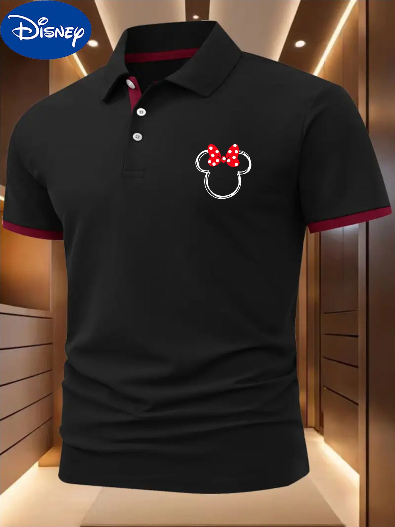 Disney Minnie Mouse Bow Print Men's Shirt - Maroon & Navy Color Block Collar & Cuffs, Lightweight Quick-Dry Polyester, Breathable Golf & Tennis Shirt, Business Casual Summer Top, Machine Washable Gift for Him, Breathable Poly