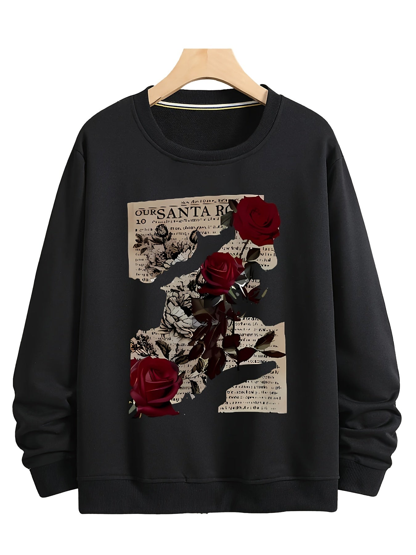 Rose shredded paper Round neck printed hoodie, spring and autumn micro elastic long sleeved, patterned casual hoodie, street style, sports style, retro style top