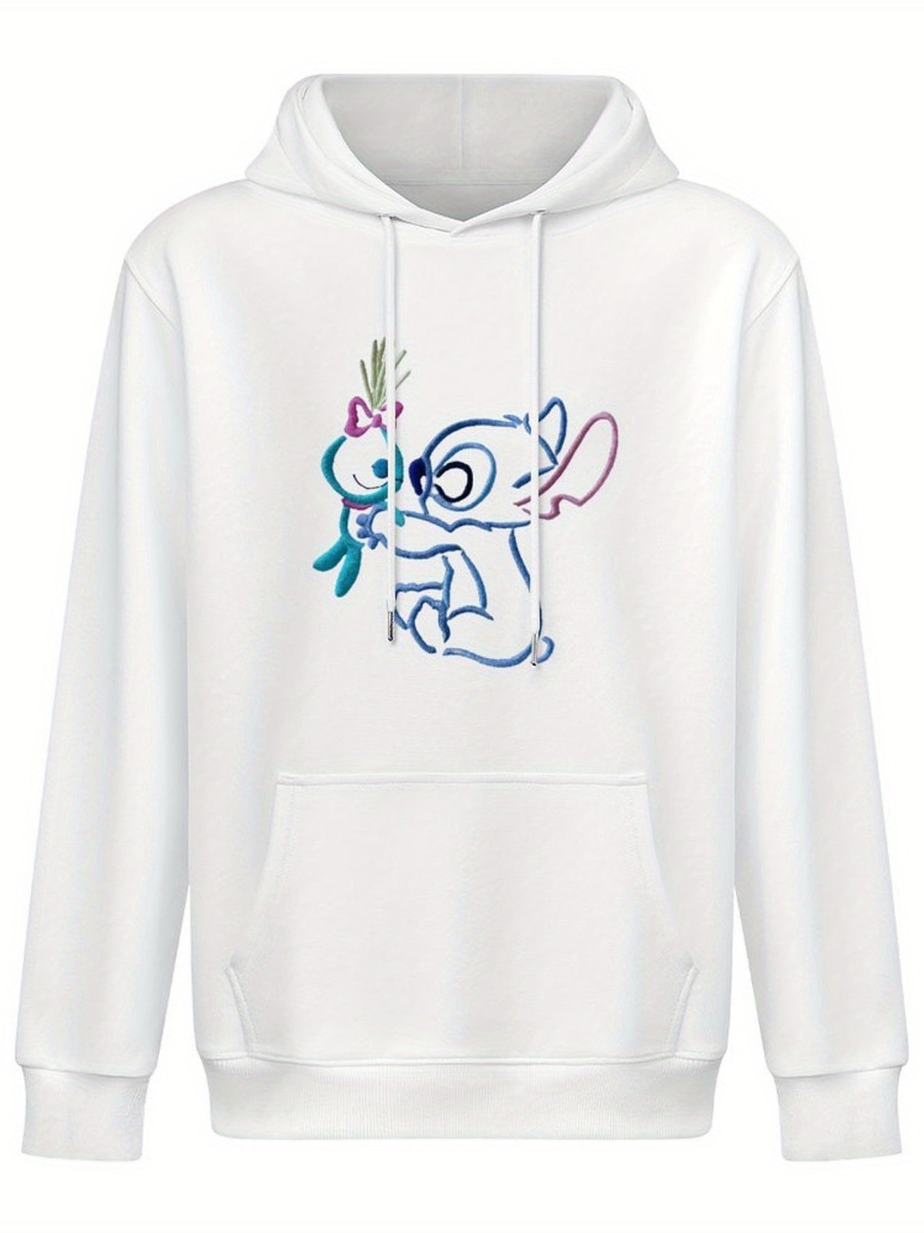 Disney Men's Black Retro Pullover Hoodie with Stitch & Angel Embroidery Art & Disney Friends Digital Print, Soft Regular Fit Casual Sweatshirt, Machine Washable, Front Pockets, Disney Hoodie, Durable Fabric